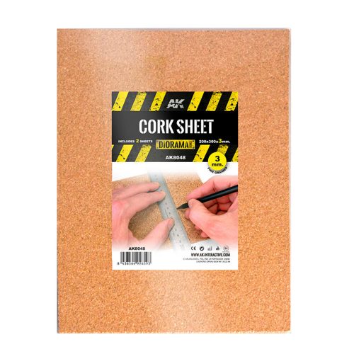 AK Interactive CORK SHEETS - FINE GRAINED / LAMINAS CORCHO - GRANO FINO - 200 x 300 x 3mm (2 SHEETS/LAMINAS) (AK8048)