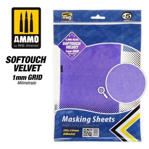 AMMO Softouch Velvet Masking Sheets 1mm Grid (x5 sheets, 290mm x 145mm, adhesive) (A.MIG-8245)