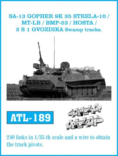 Friulmodel Tracks for SA-13 GOPHER 9 K 35 STRELA-10 / MT-LB / BMP-23 / HOSTA / 2 S 1 GVODZIKA Swamp tracks. 1:35 (ATL-189)