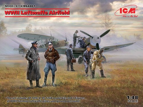 ICM WWII Luftwaffe Airfield(MesserschmittBf109F-4,Hs126B-1,Pilot,Ground Pers(7 fig 1:48 (DS4801)