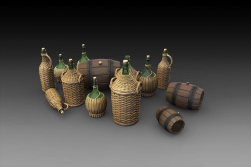 Royal Model Wicker Bottles Demijohn Glass and small barrels 1:35 (RM786)