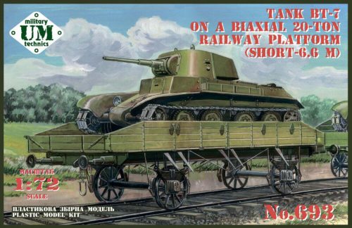 Unimodels BT-7 tank on a biaxial 20-ton railway platform (short - 6.6m) 1:72 (UMT693)